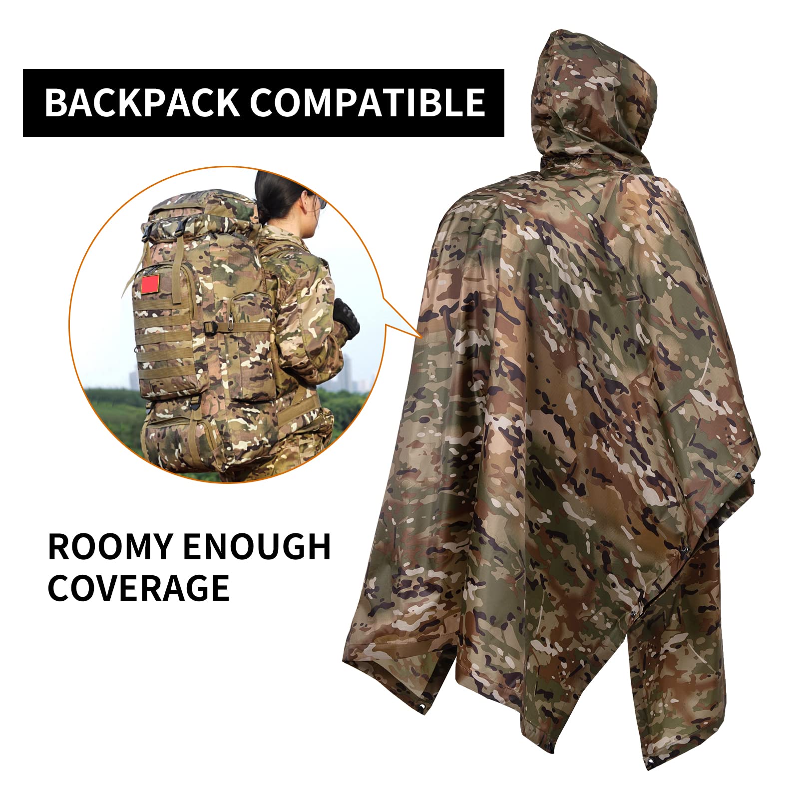 Fousam Camo Rain Poncho grommets enable quick shelter setups