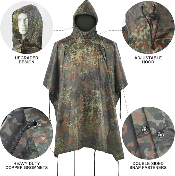 Fousam Camo Rain Poncho in storm wind showing full-body coverage