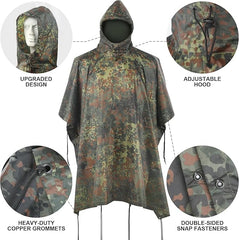 Fousam Camo Rain Poncho in storm wind showing full-body coverage