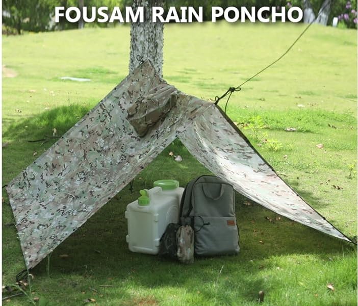 Fousam Camo Rain Poncho packs compactly for easy carrying on trips
