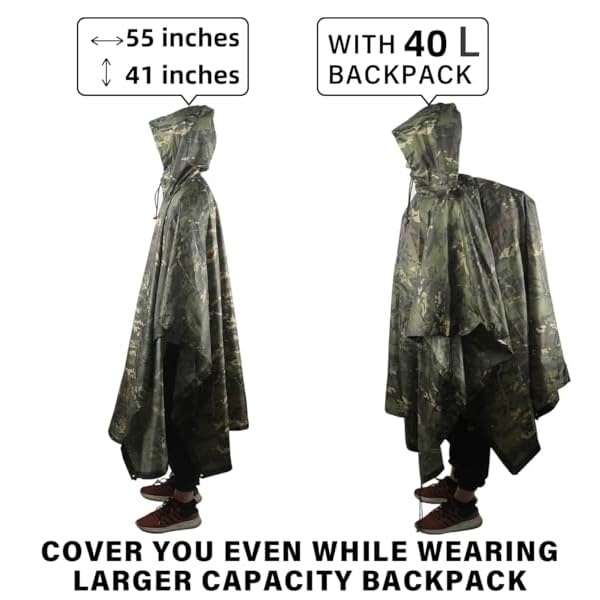 Fousam Camo Rain Poncho side snap closure demonstrates secure, adjustable protection