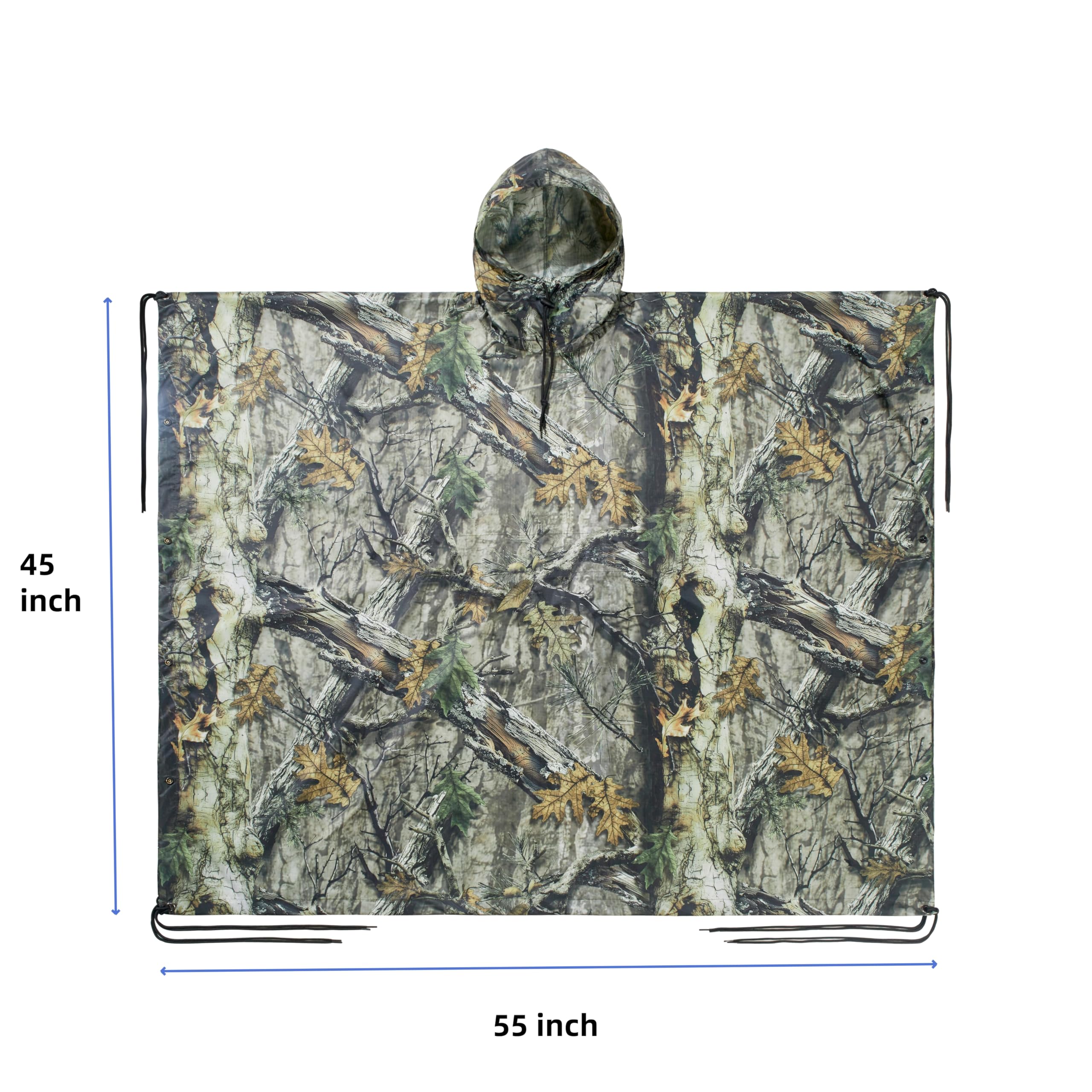 Fousam camo rain poncho shows side snaps for secure, adjustable fit.