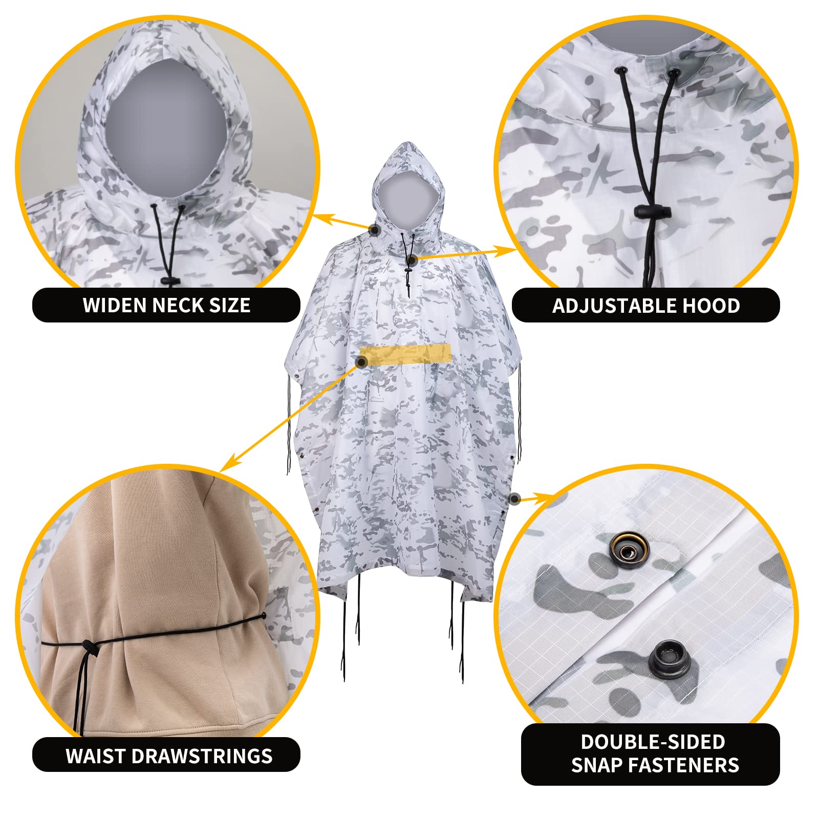 Fousam Camo Rain Poncho side snaps for adjustable fit and protection