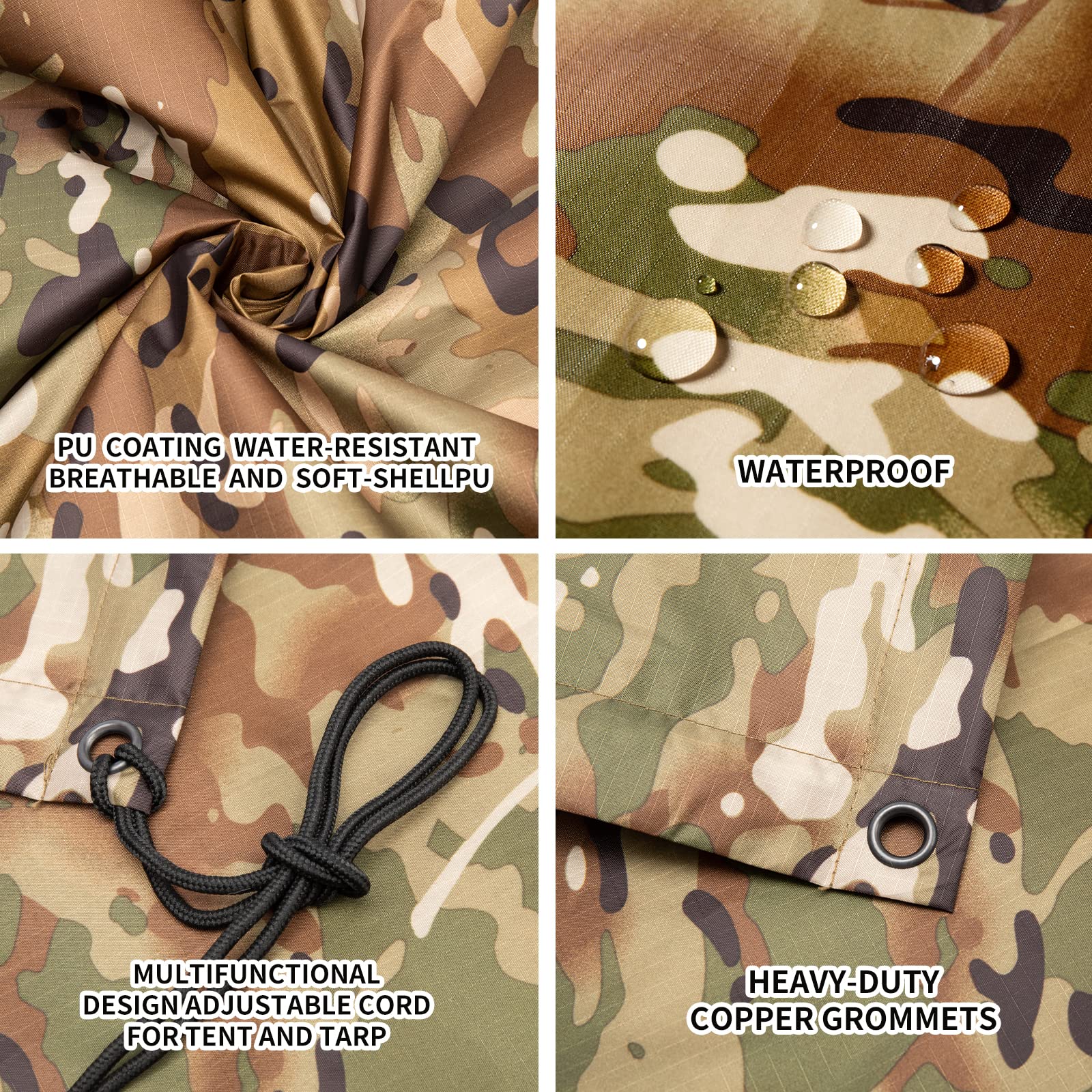 Fousam Camo Rain Poncho side snaps secure fit for hiking