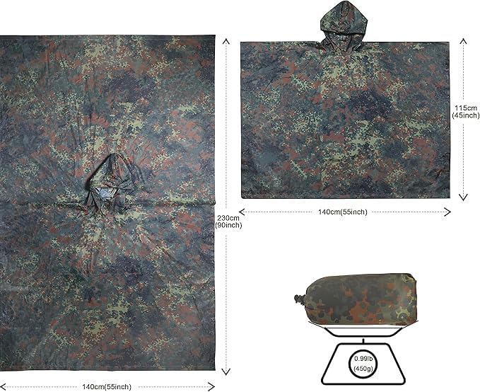 Fousam Camo Rain Poncho converted to makeshift shelter with grommets
