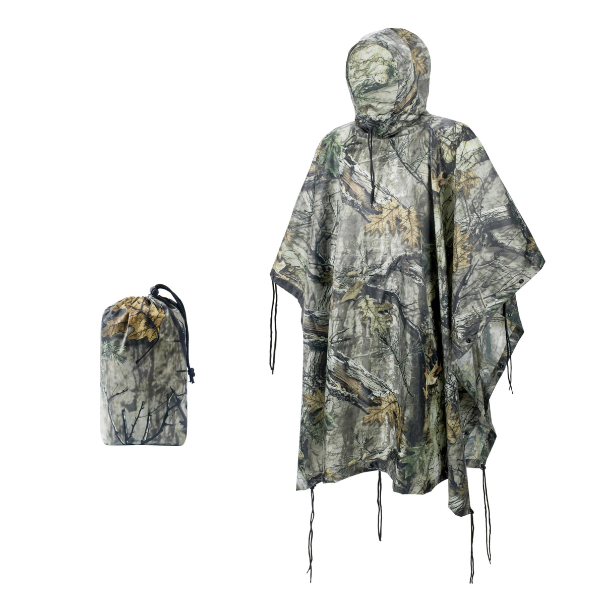 Fousam waterproof camo rain poncho provides full rain protection for outdoor hunts.
