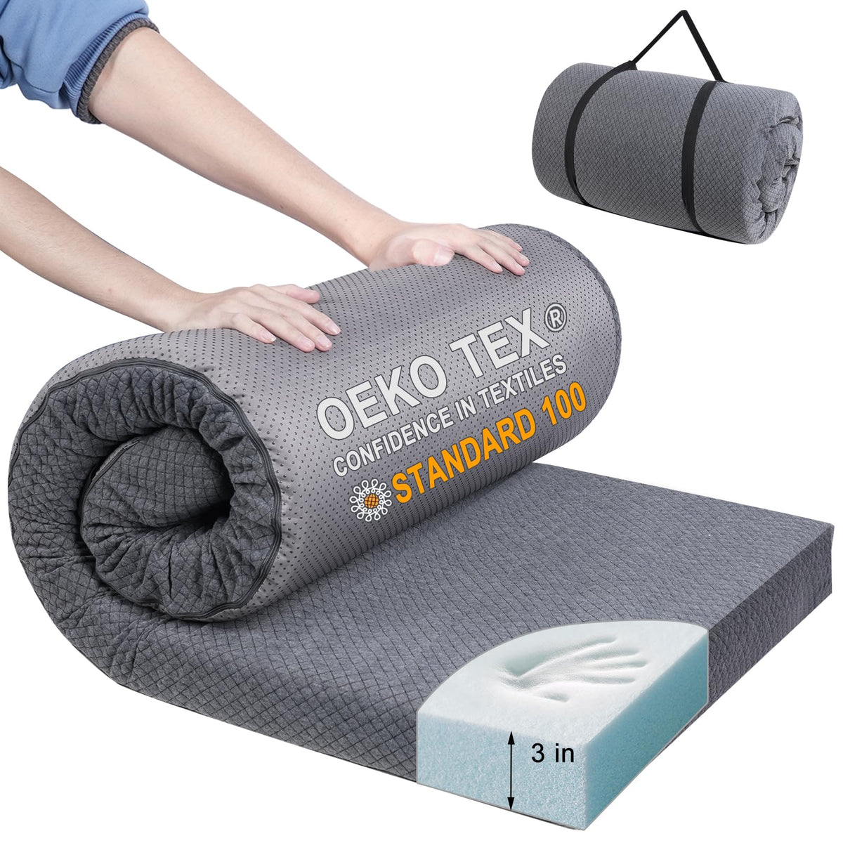 FOUXTEL memory-foam camping mat 72x24x3in top view for restful outdoor sleep.