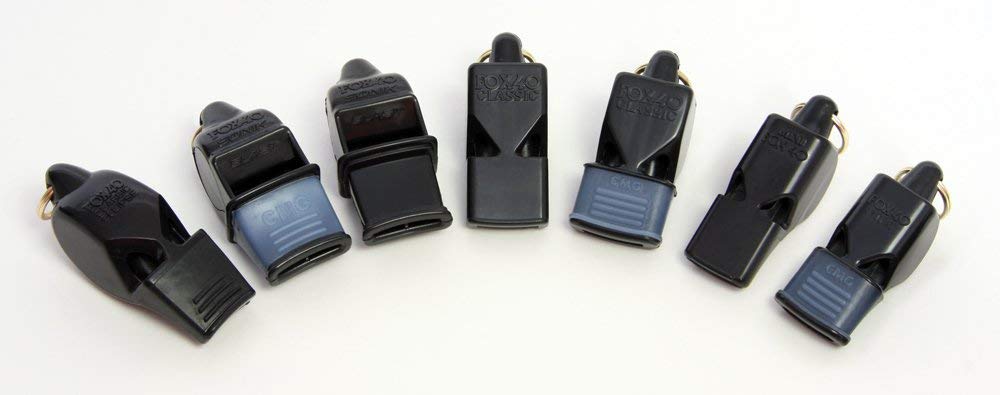 Fox 40 black mini whistle on a sturdy lanyard, a portable signaling tool for coaches and officials.