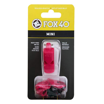 Fox 40 Mini Safety Whistle Pink front view highlighting pealess signaling capability.