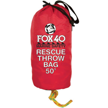 Fox 40 Rescue Throw Bag in red with 50 ft rope, ideal for overboard recovery.