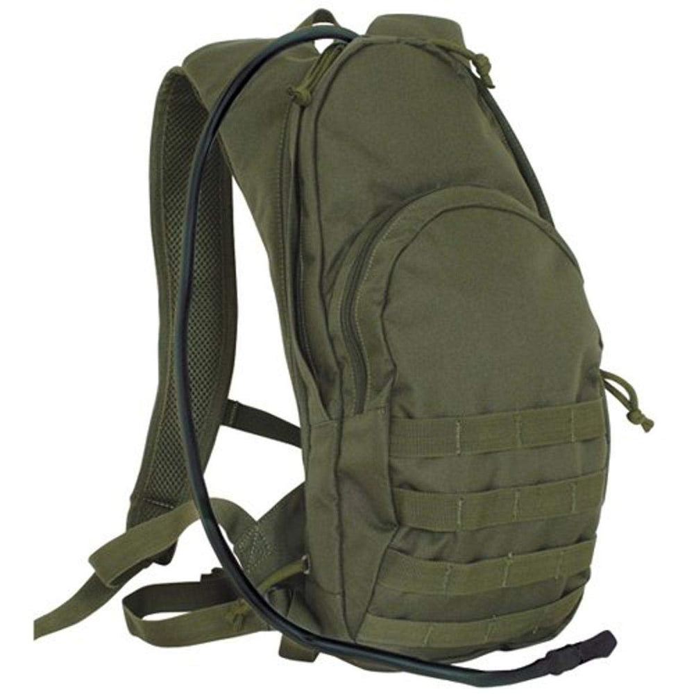 Fox Outdoor Compact Hydration Backpack shoulder strap with 2.5L bladder and ambidextrous ports for hands-free hydration