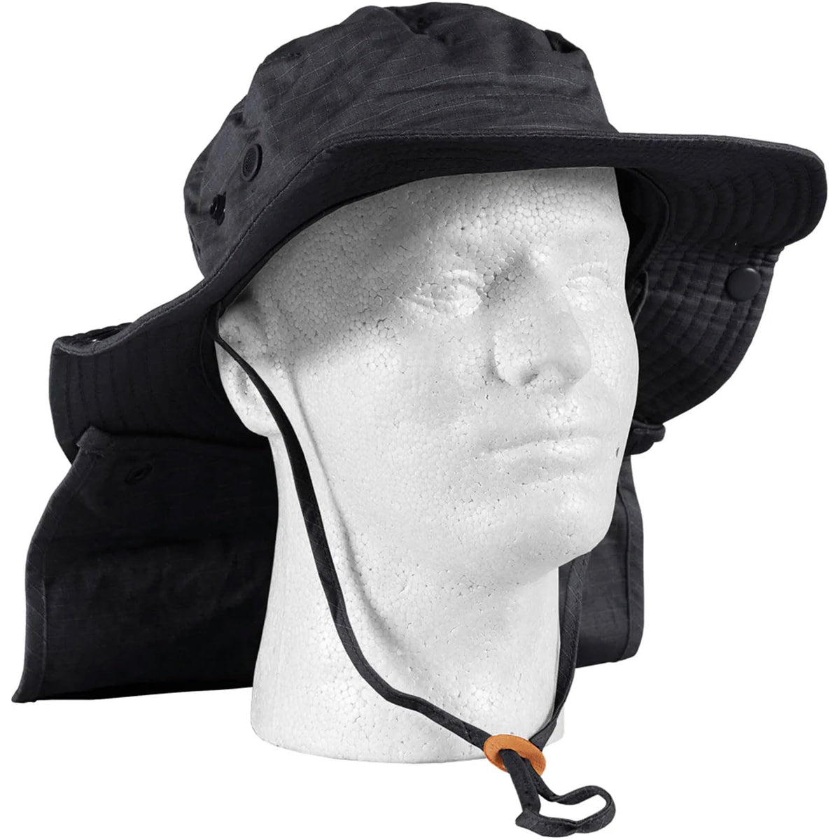 FOX OUTDOOR PRODUCTS Advanced Boonie Hat, black, front view with wide brim for sun shade.
