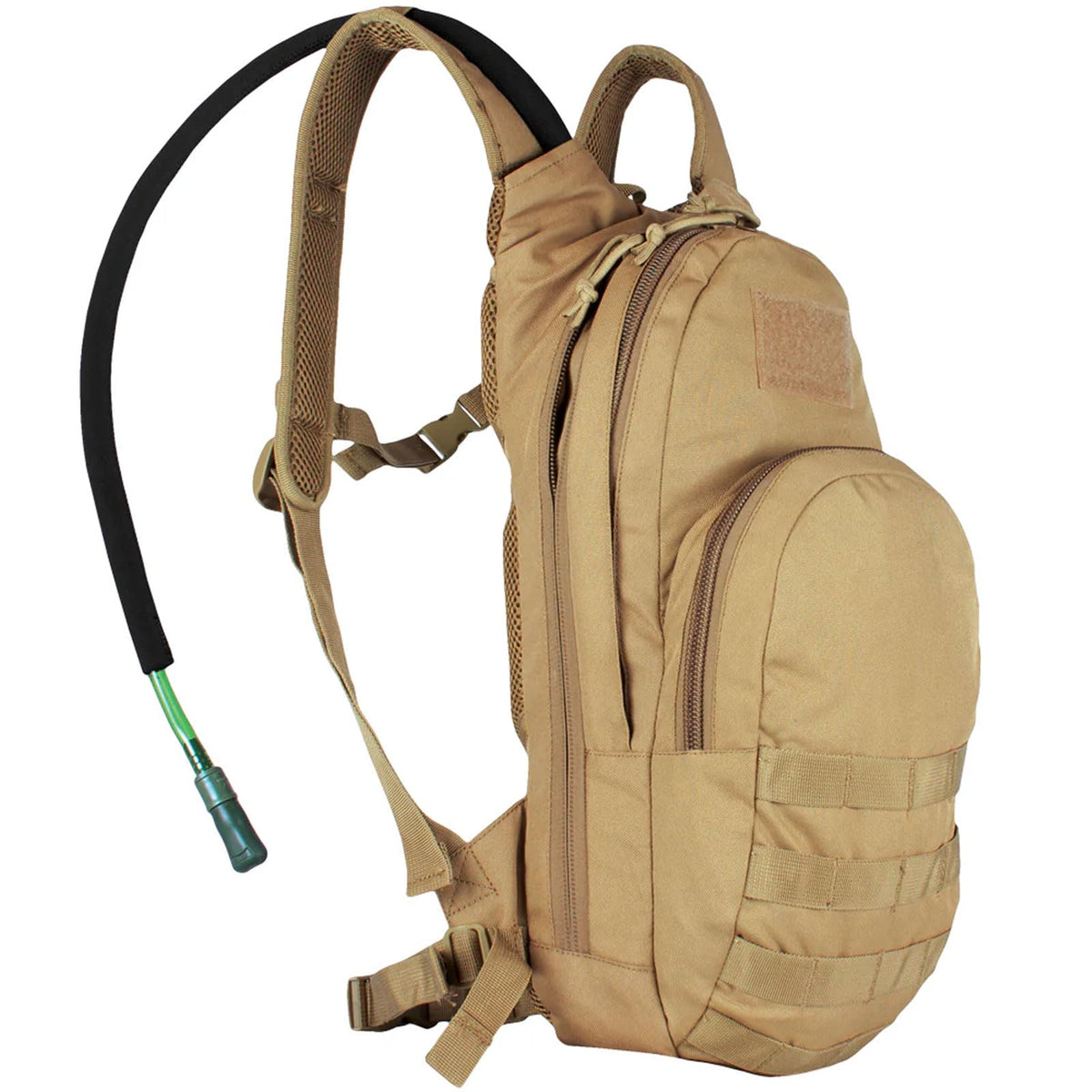 Fox Outdoor Products compact hydration backpack front view showing hands-free hydration on the go
