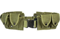 Fox Outdoor Products military belt olive drab, rugged canvas with 10-pocket design for field use.