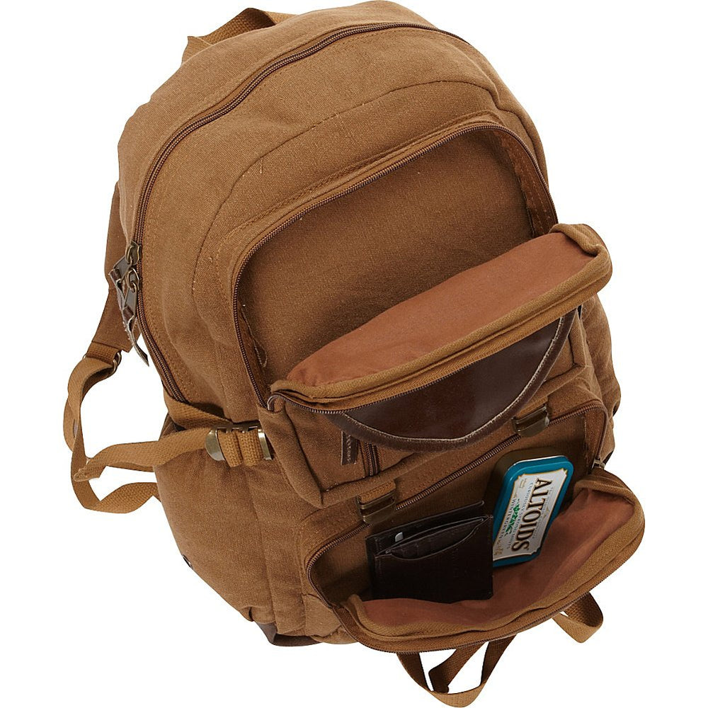 FOX OUTDOOR PRODUCTS Retro Parisian Daypack leather trim close-up emphasizes durable style.