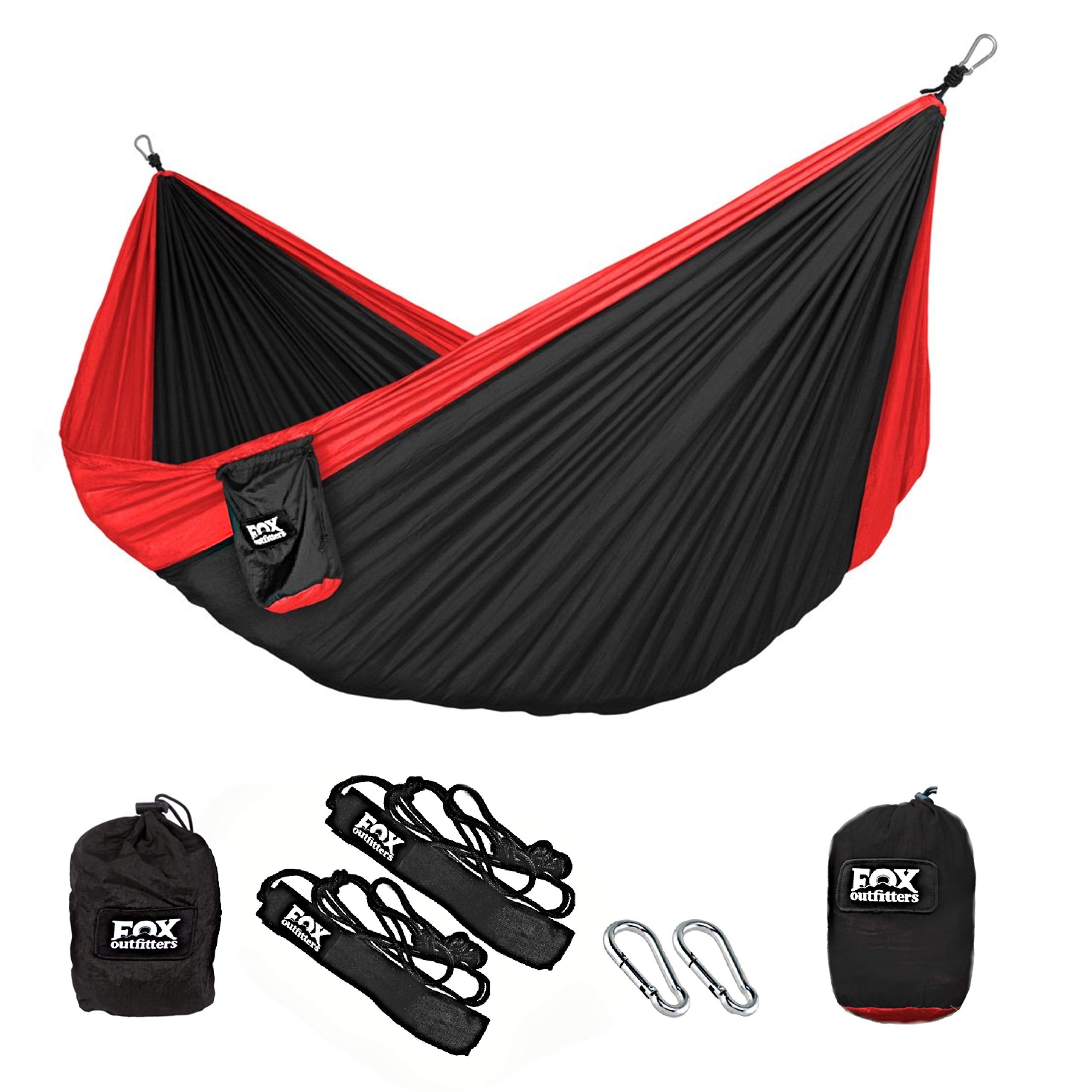 Fox Outfitters Neolite double hammock setup in forest for easy outdoor lounging.