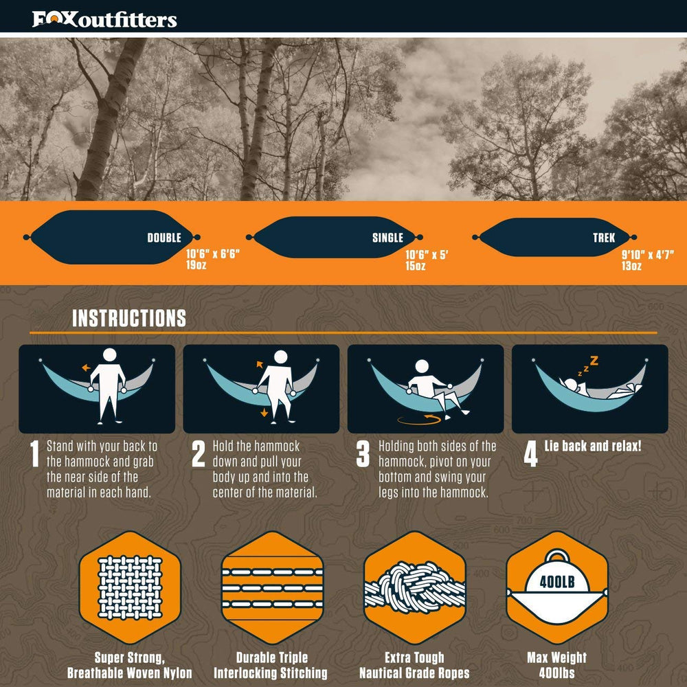 Fox Outfitters Neolite double hammock straps and carabiners provide secure campsite setup.