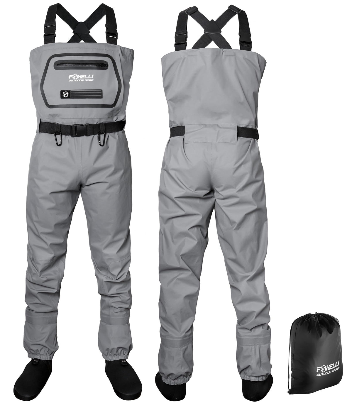 Foxelli Breathable Waders external chest pocket for quick-access gear while fishing