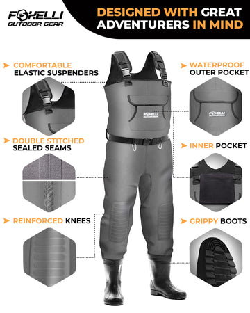 Foxelli chest waders adjustable suspenders with quick-release buckles for secure fit.