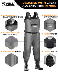Foxelli chest waders adjustable suspenders with quick-release buckles for secure fit.
