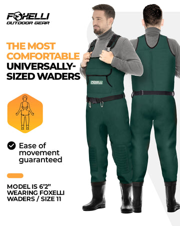 Foxelli Chest Waders boot-foot design with slip-resistant PVC boots for muddy terrain.