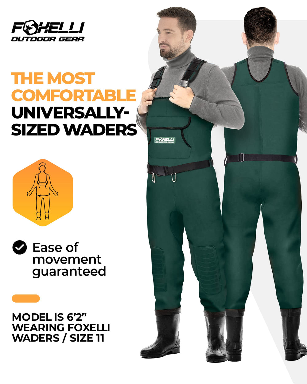 Foxelli Chest Waders boot-foot design with slip-resistant PVC boots for muddy terrain.