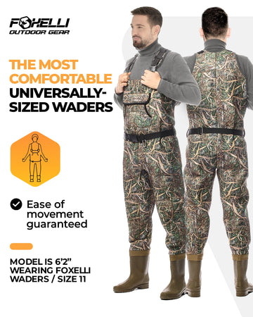 Foxelli Chest Waders boot-foot design enables quick on/off and stable muddy footing.