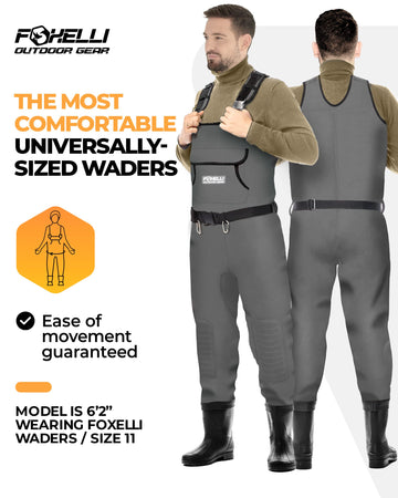 Foxelli chest waders boot-foot design for easy on/off on muddy terrain.