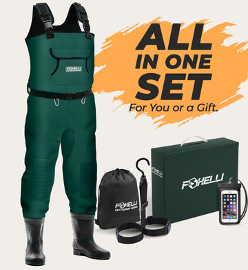 Foxelli Chest Waders carry bag and accessories for easy transport.