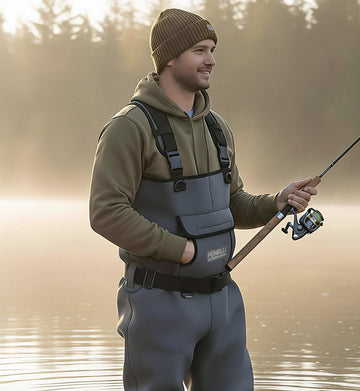 Foxelli chest waders D-ring attachments and belt keep gear within reach.