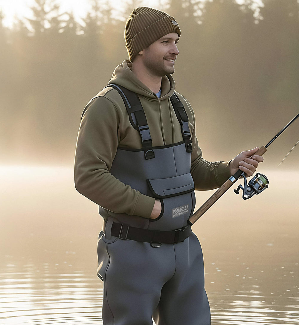 Foxelli chest waders D-ring attachments and belt keep gear within reach.