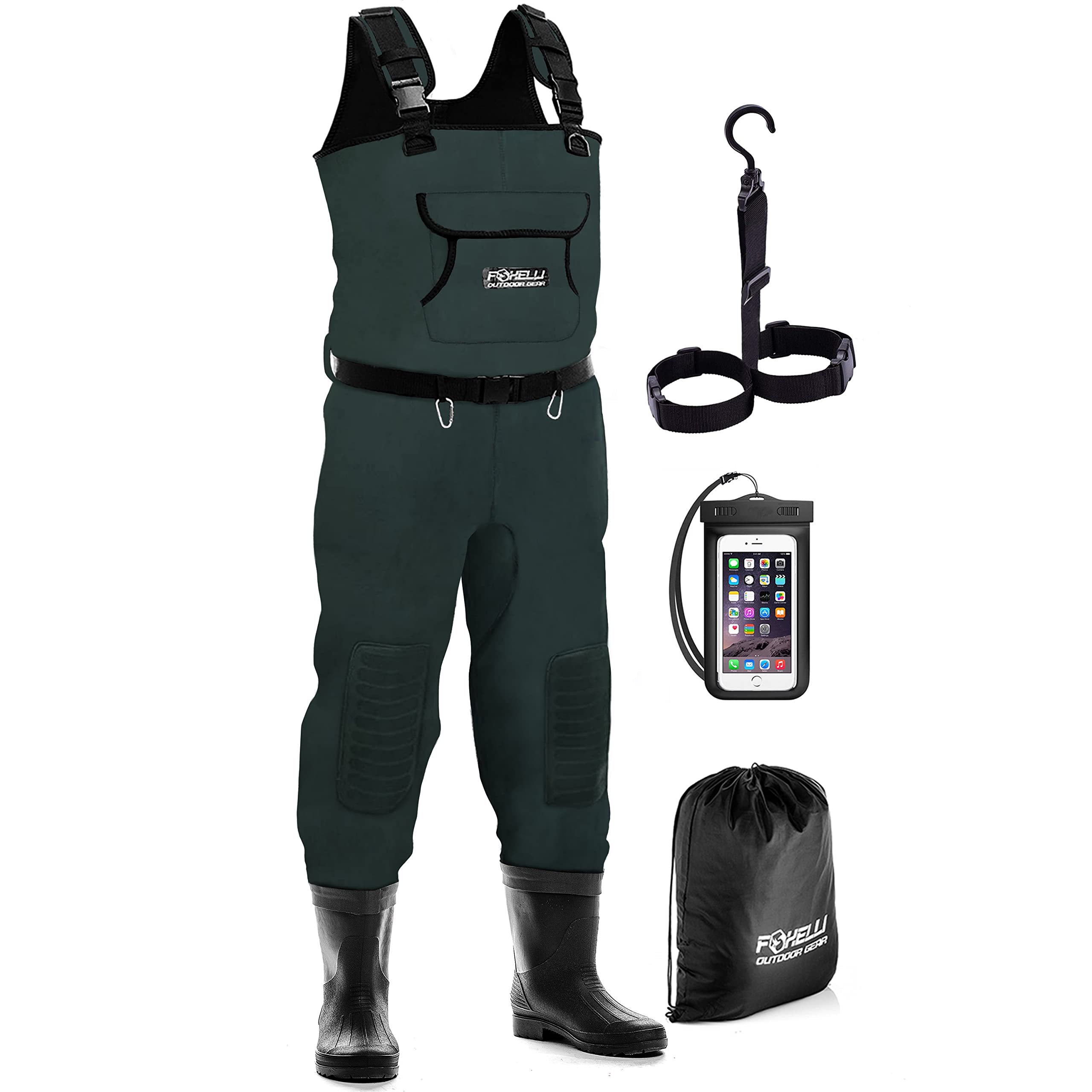 Foxelli Chest Waders full assembly for easy on/off and rugged boots.