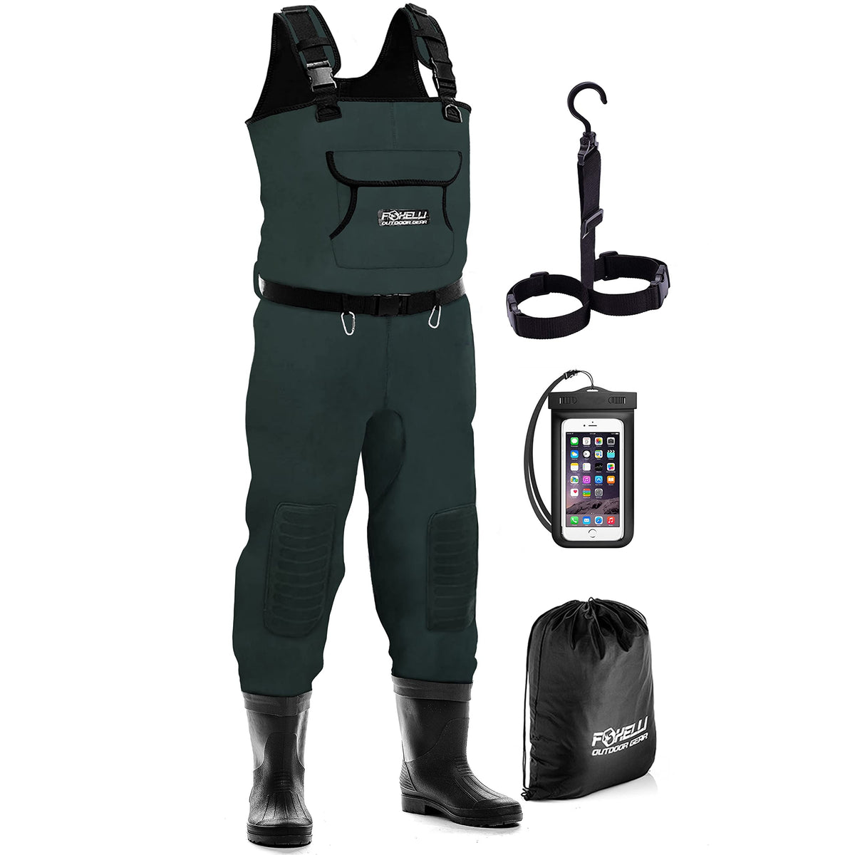 Foxelli Chest Waders full assembly for easy on/off and rugged boots.
