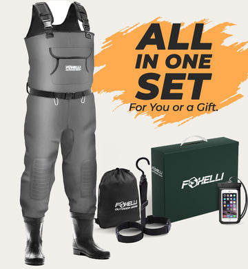 Foxelli Chest Waders D-rings and carabiners keep gear within reach.