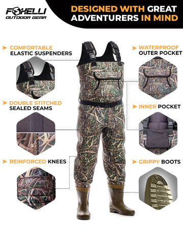 Foxelli chest waders knee pads offer durability during kneeling and gear setup