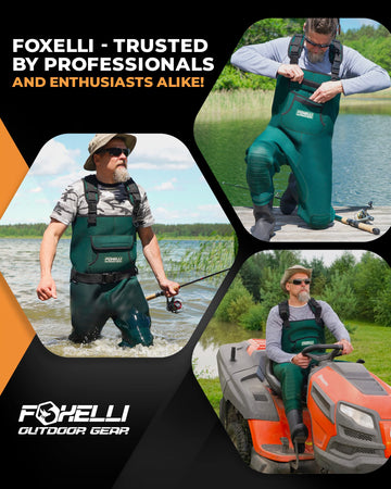 Foxelli Chest Waders reinforced knee pads for durability on kneeling tasks.