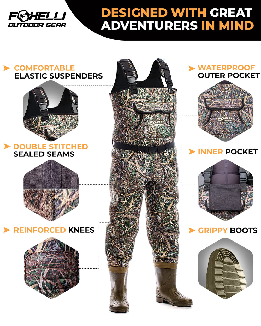 Foxelli Chest Waders reinforced knee pads protect during kneeling tasks.