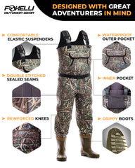 Foxelli Chest Waders reinforced knee pads protect during kneeling tasks.