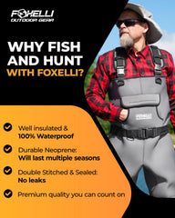 Foxelli chest waders reinforced knee pads for kneeling on rugged riverbeds.