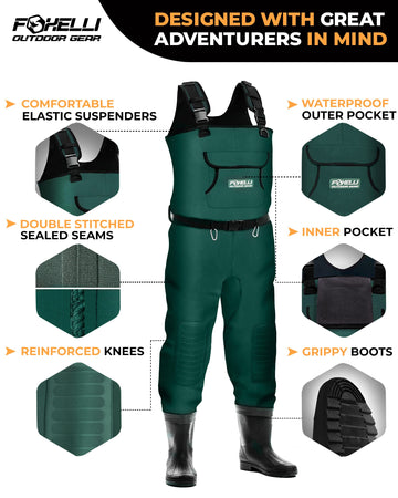Foxelli Chest Waders double-stitched seams for waterproof reliability.