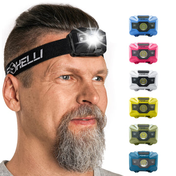 Foxelli headlamp with five modes including red night-vision and SOS for emergencies.