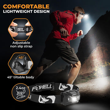 Foxelli headlamp IPX5 waterproof design performs in rain and rugged trails.