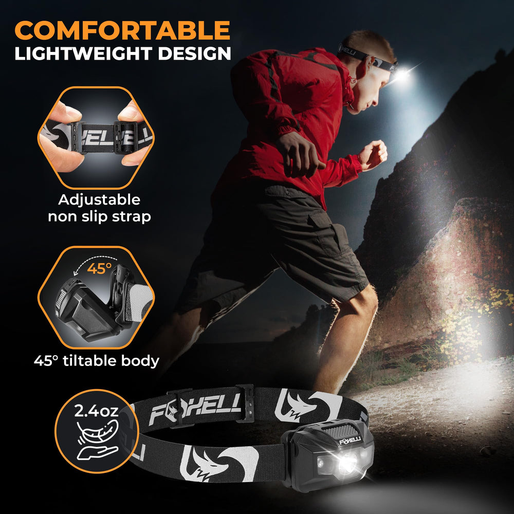 Foxelli headlamp IPX5 waterproof design performs in rain and rugged trails.