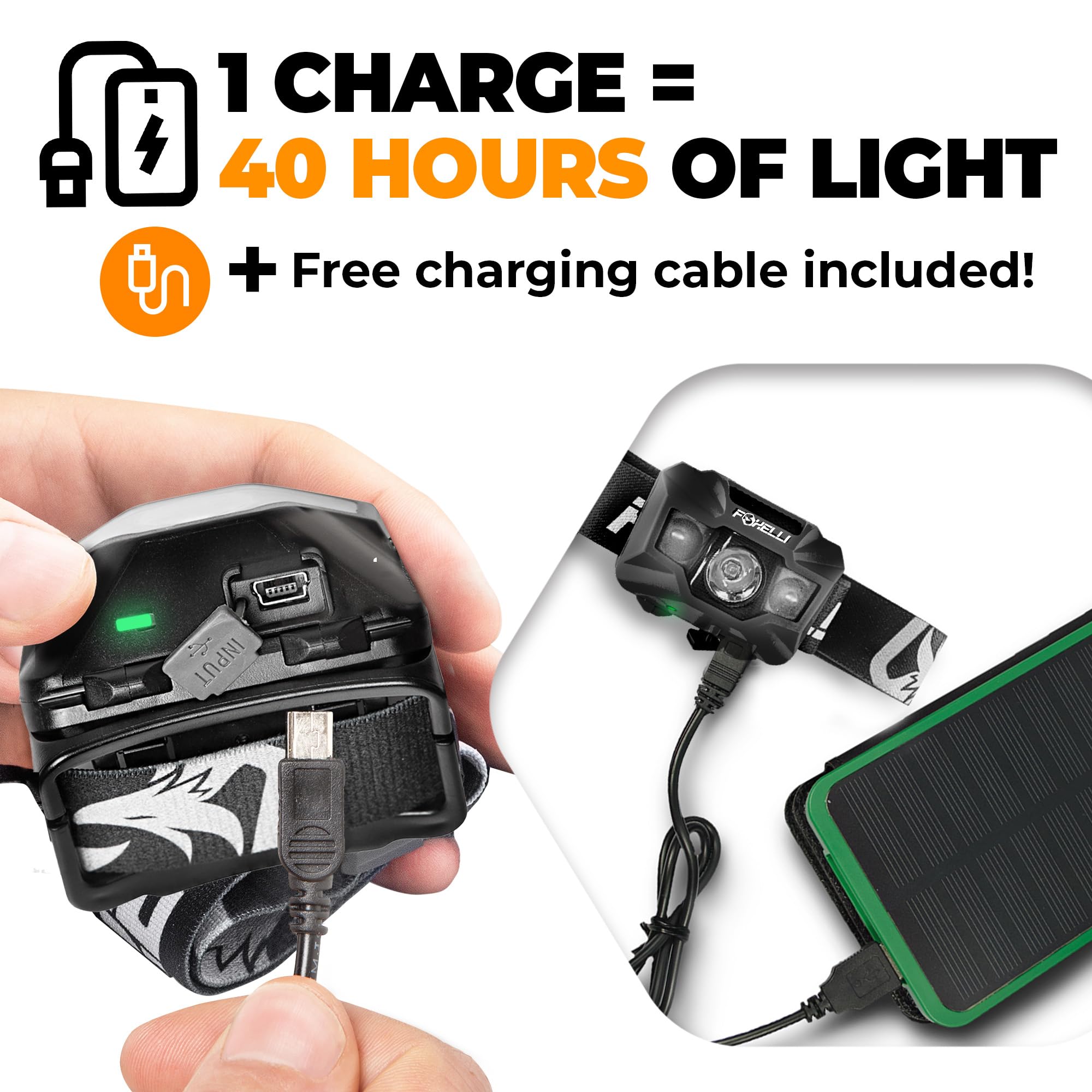 Foxelli headlamp tilted 45 degrees for precise focus during hikes or repairs.