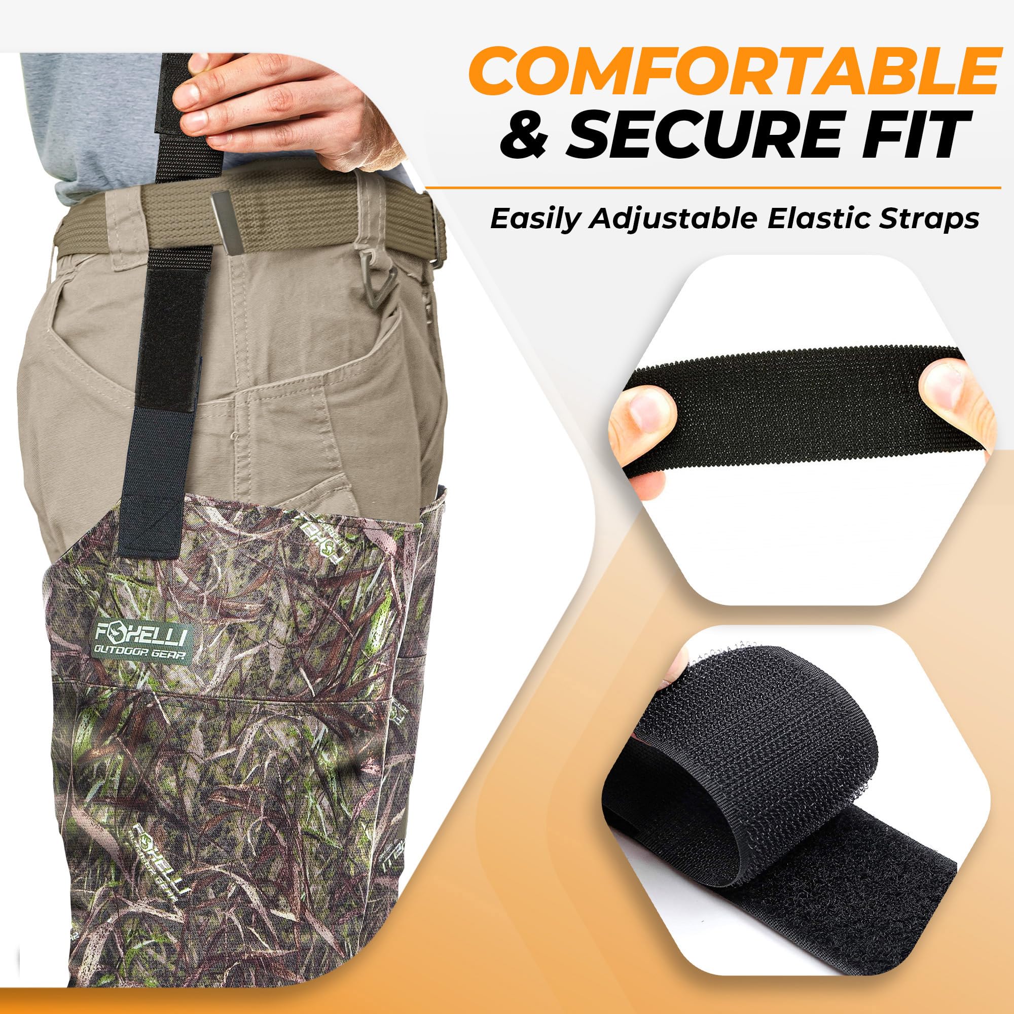Foxelli hip waders adjustable belt straps ensure secure, comfortable fit.