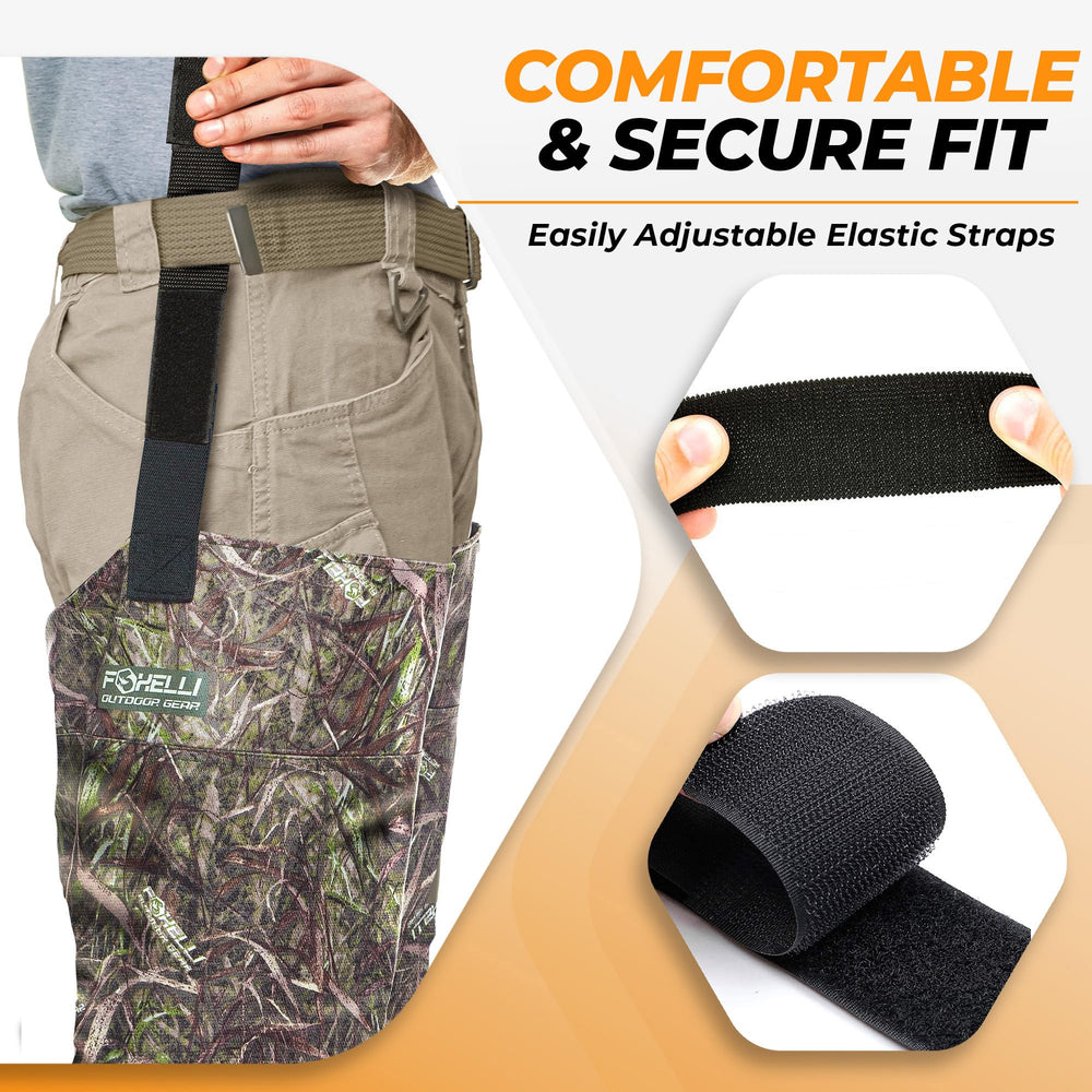 Foxelli hip waders adjustable belt straps ensure secure, comfortable fit.