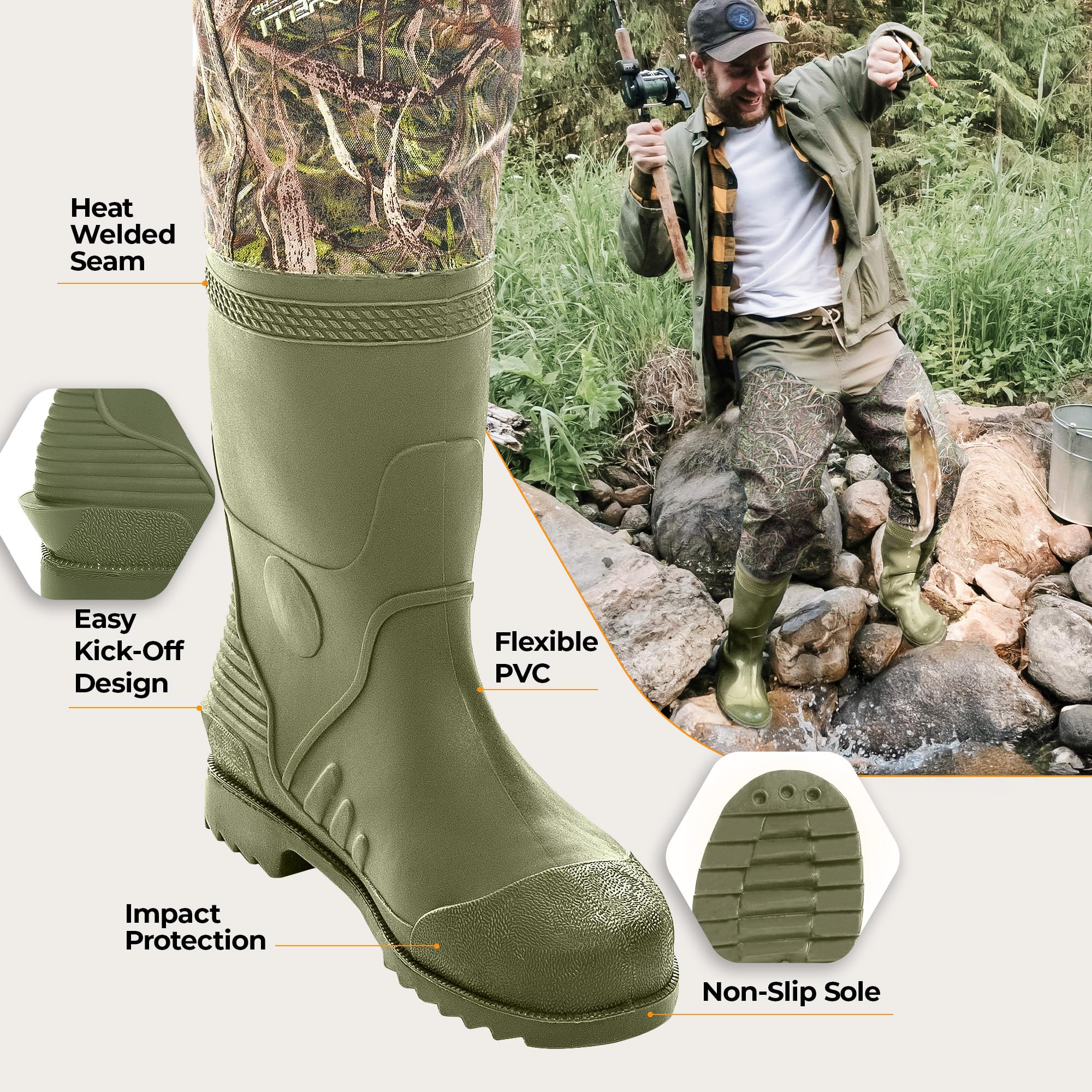 Foxelli hip waders anti-slip sole provides traction on mud and slick banks.