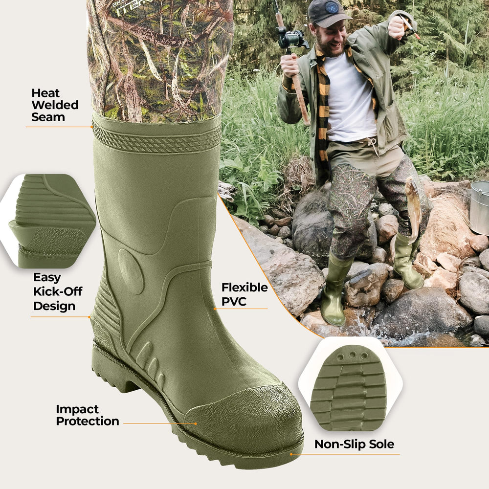 Foxelli hip waders anti-slip sole provides traction on mud and slick banks.