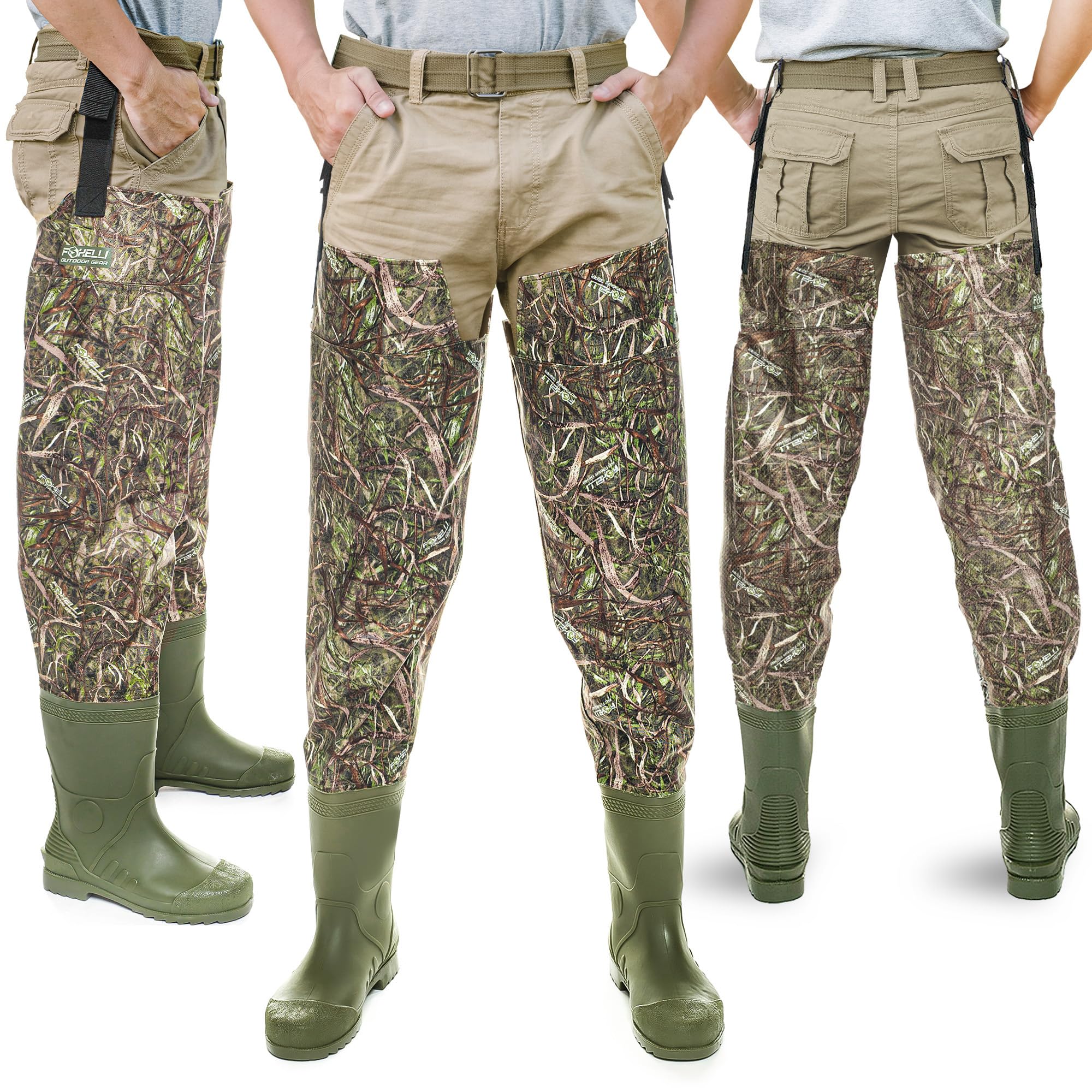 Foxelli hip waders camouflage design blends with habitat for hunting and fishing.