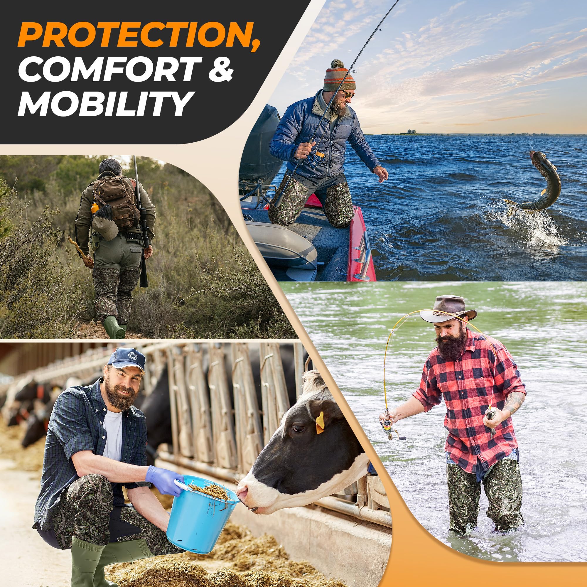 Foxelli hip waders double-stitched seams and heat-welded boot attachment for durability.